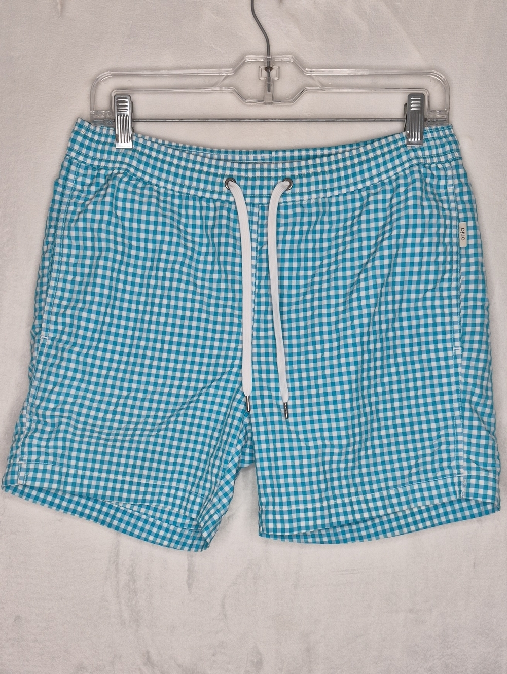 Onia Charles 5” Gingham Swim Trunks Blue White Mesh Lined Mens S